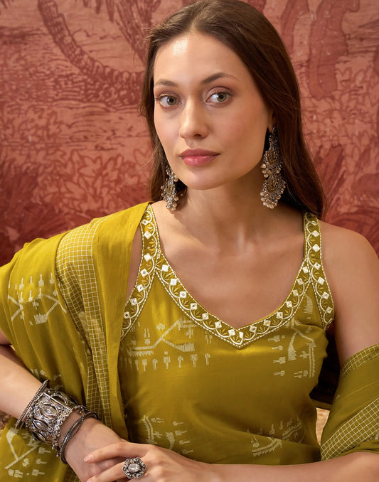 Olive Green Sweetheart V-Neck Embellished Straight 3 Piece Kurta Set With Dupatta