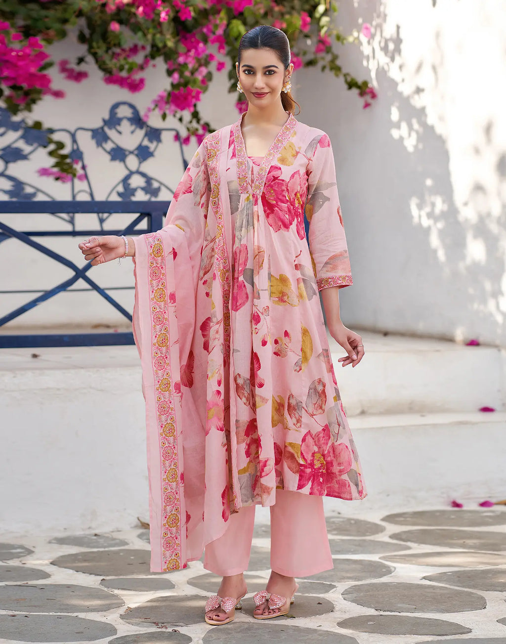 Blush Pink V-Neck Printed Anarkali 3 Piece Kurta Set with Dupatta