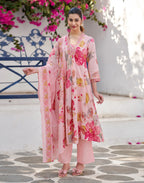 Blush Pink V-Neck Printed Anarkali 3 Piece Kurta Set with Dupatta