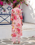 Blush Pink V-Neck Printed Anarkali 3 Piece Kurta Set with Dupatta
