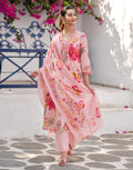 Blush Pink V-Neck Printed Anarkali 3 Piece Kurta Set with Dupatta