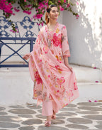 Blush Pink V-Neck Printed Anarkali 3 Piece Kurta Set with Dupatta