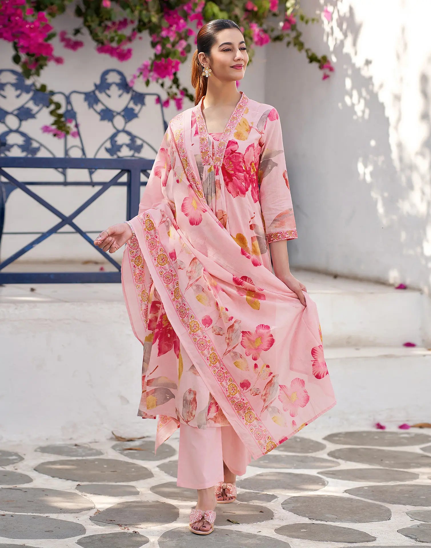 Blush Pink V-Neck Printed Anarkali 3 Piece Kurta Set with Dupatta