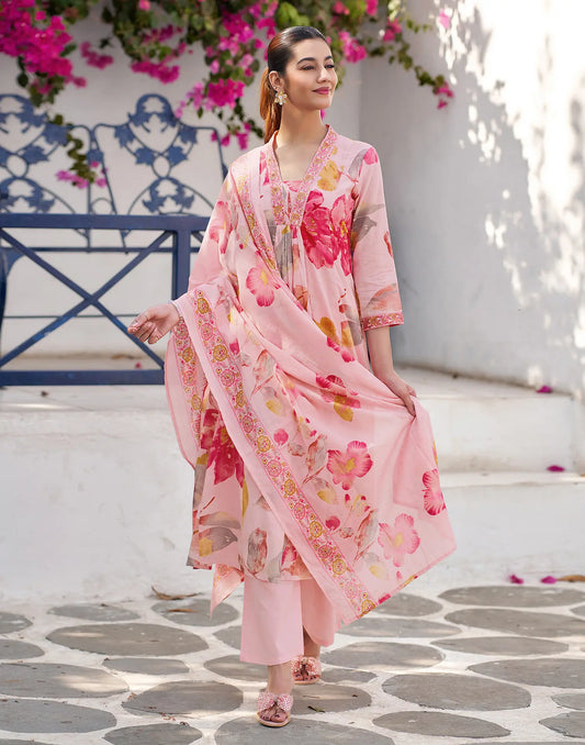 Blush Pink V-Neck Printed Anarkali 3 Piece Kurta Set With Dupatta