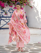 Blush Pink V-Neck Printed Anarkali 3 Piece Kurta Set with Dupatta