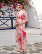 Blush Pink V-Neck Printed Anarkali 3 Piece Kurta Set with Dupatta