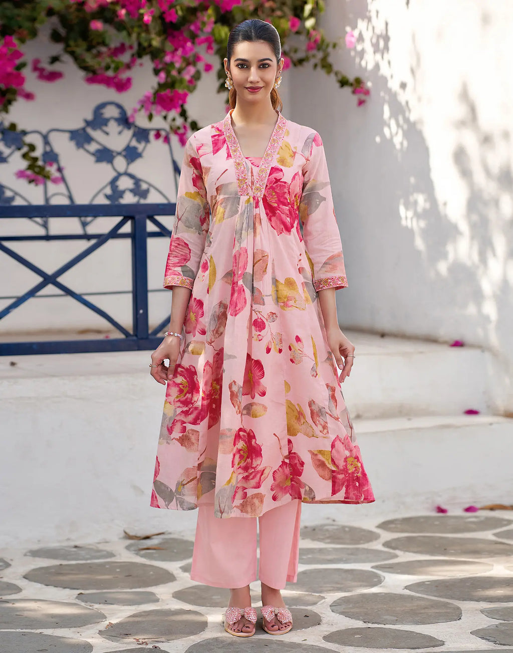 Blush Pink V-Neck Printed Anarkali 3 Piece Kurta Set with Dupatta