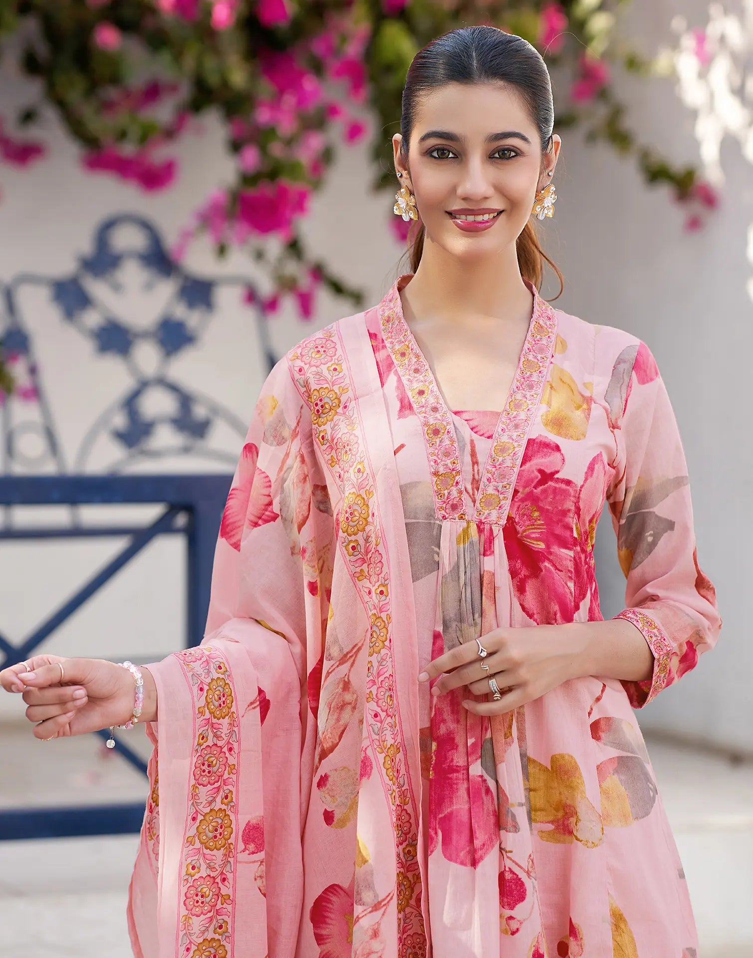 Blush Pink V-Neck Printed Anarkali 3 Piece Kurta Set with Dupatta