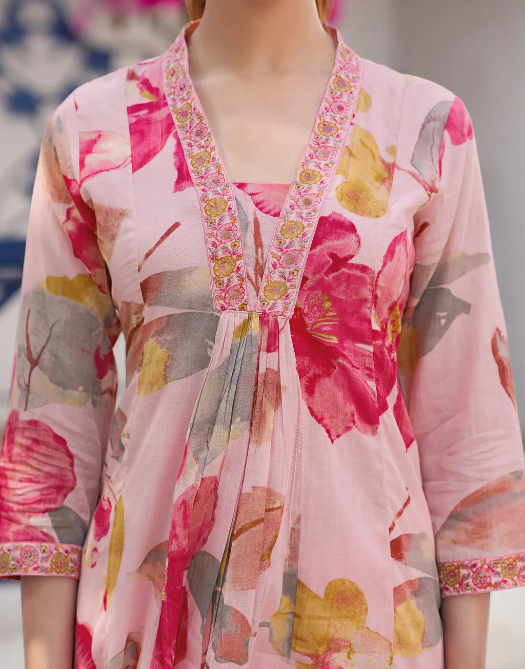 Blush Pink V-Neck Printed Anarkali 3 Piece Kurta Set with Dupatta