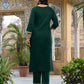 Dark Green Cotton Sequin and Embroidered Straight Kurta Set with Pant & Dupatta for Women
