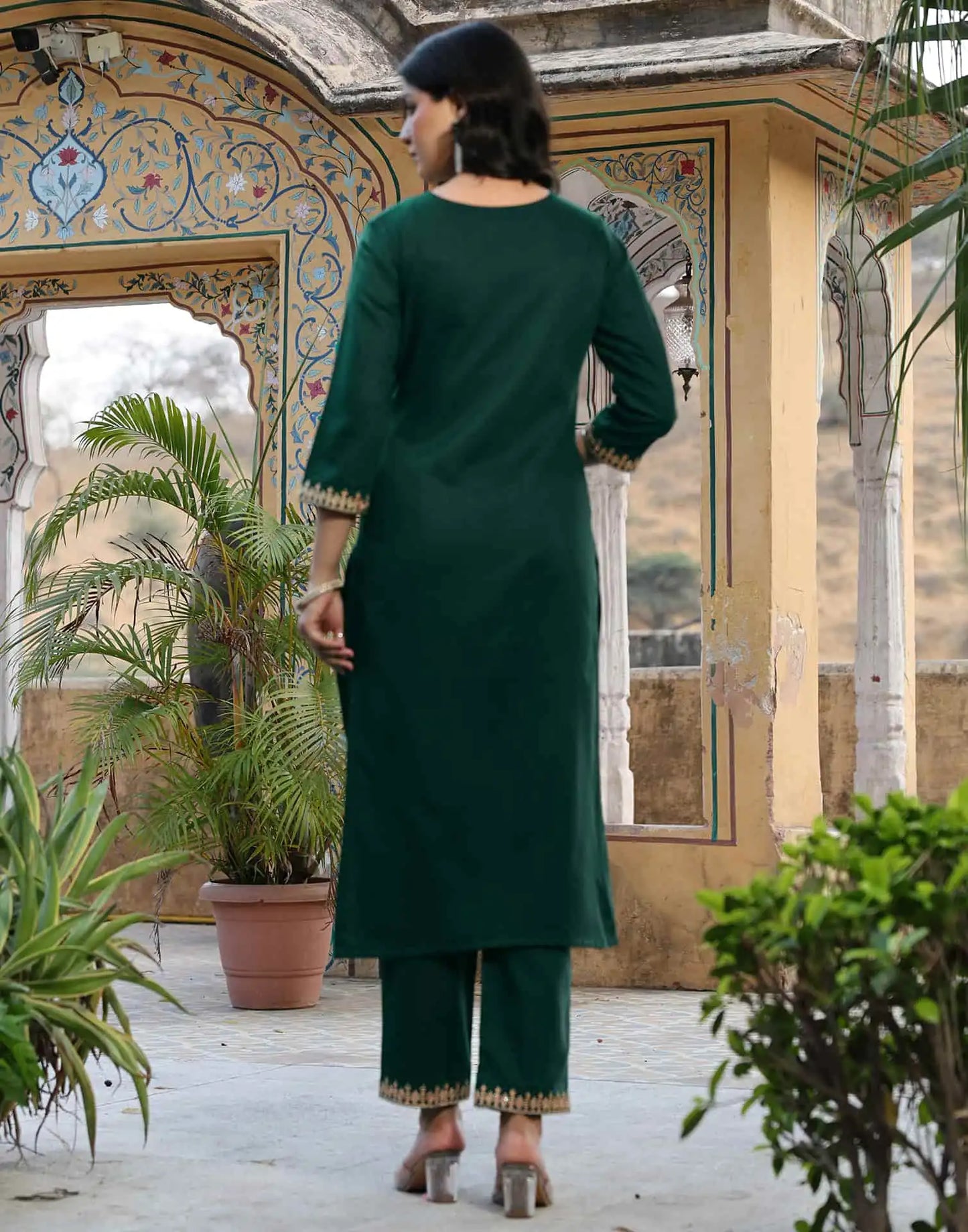 Dark Green Cotton Sequin and Embroidered Straight Kurta Set with Pant & Dupatta for Women