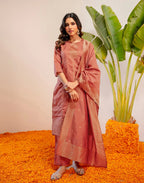 Peach Jam Round Neck Weaving Straight 3 Piece Kurta Set with Dupatta