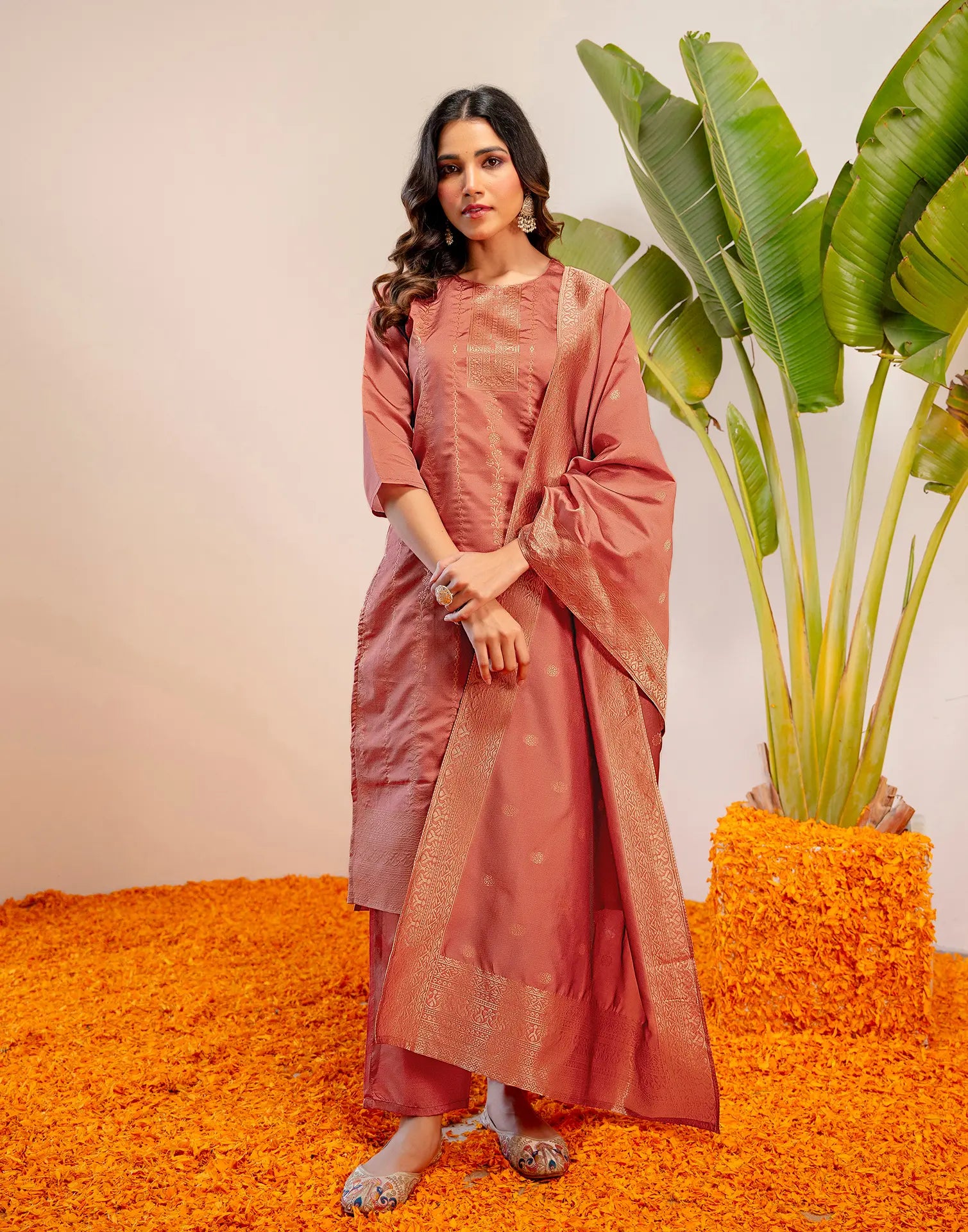 Peach Jam Round Neck Weaving Straight 3 Piece Kurta Set with Dupatta