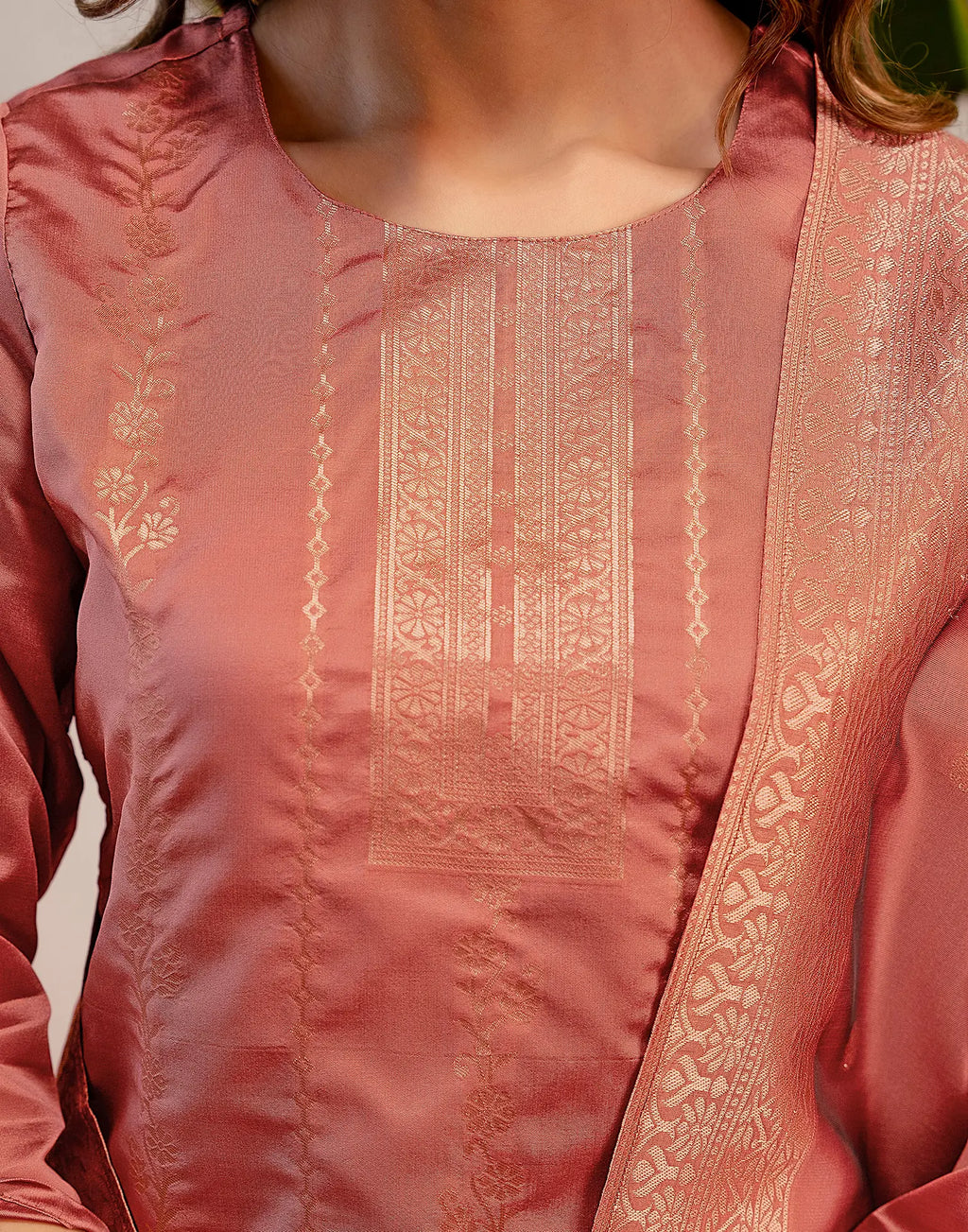 Peach Jam Round Neck Weaving Straight 3 Piece Kurta Set with Dupatta