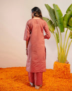 Peach Jam Round Neck Weaving Straight 3 Piece Kurta Set with Dupatta
