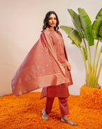 Peach Jam Round Neck Weaving Straight 3 Piece Kurta Set with Dupatta