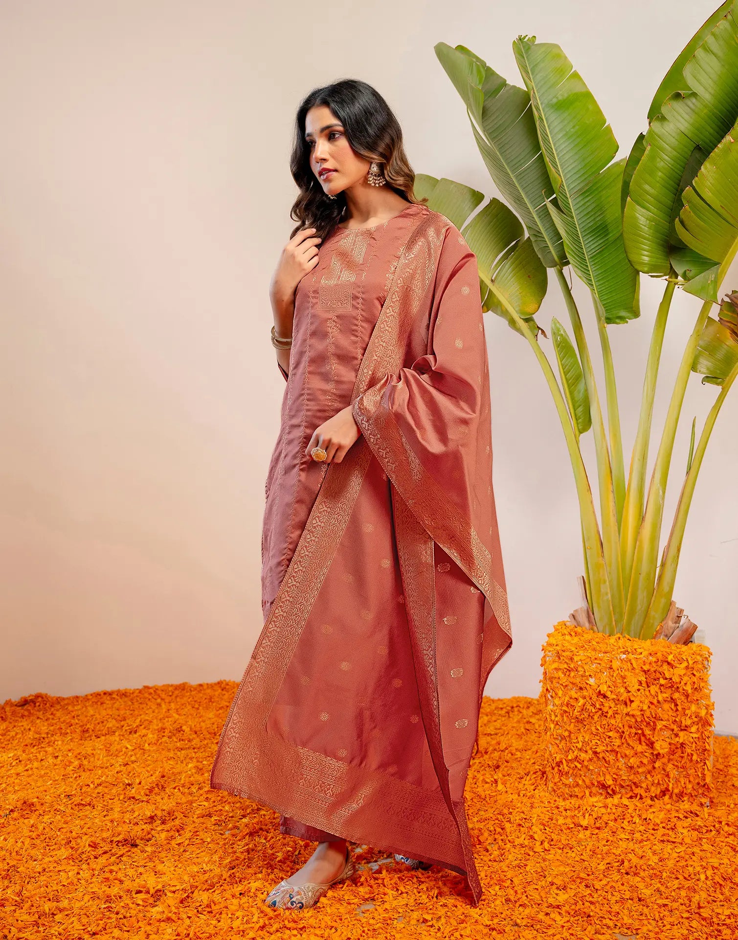 Peach Jam Round Neck Weaving Straight 3 Piece Kurta Set with Dupatta