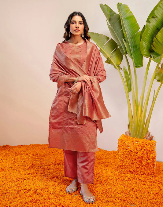 Peach Jam Round Neck Weaving Straight 3 Piece Kurta Set With Dupatta