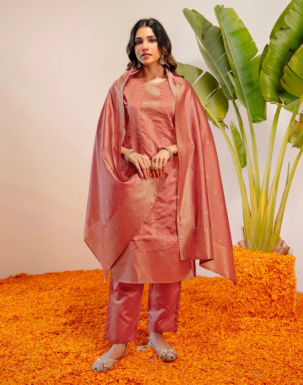 Peach Jam Round Neck Weaving Straight 3 Piece Kurta Set with Dupatta
