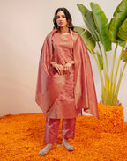 Peach Jam Round Neck Weaving Straight 3 Piece Kurta Set with Dupatta