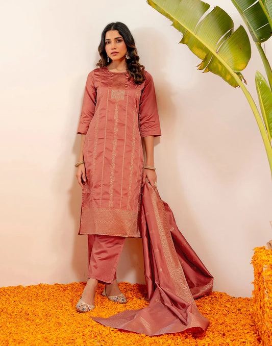 Peach Jam Round Neck Weaving Straight 3 Piece Kurta Set With Dupatta