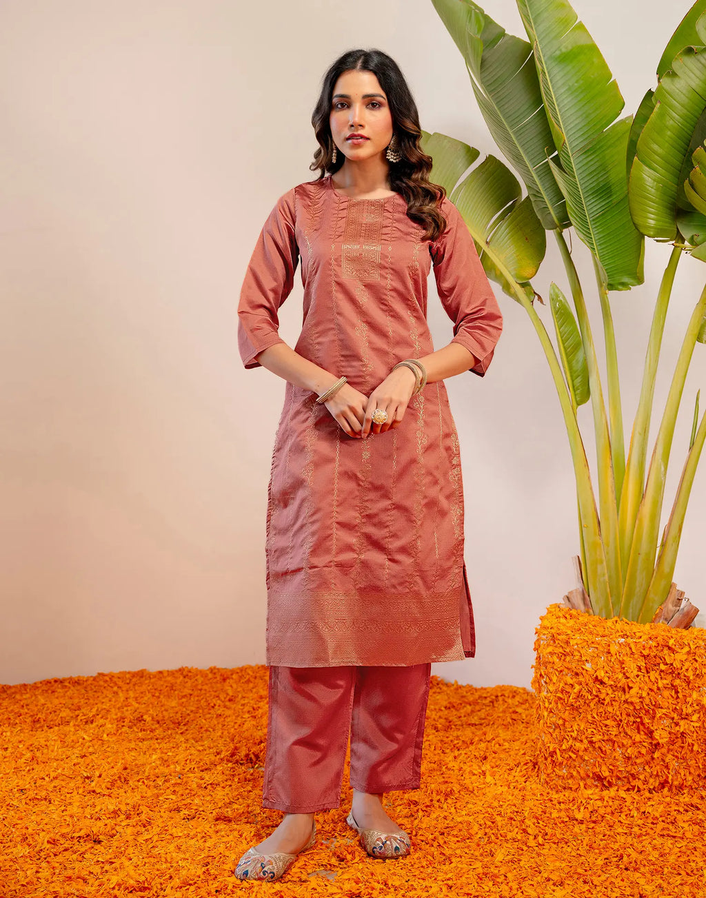 Peach Jam Round Neck Weaving Straight 3 Piece Kurta Set with Dupatta