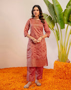 Peach Jam Round Neck Weaving Straight 3 Piece Kurta Set with Dupatta