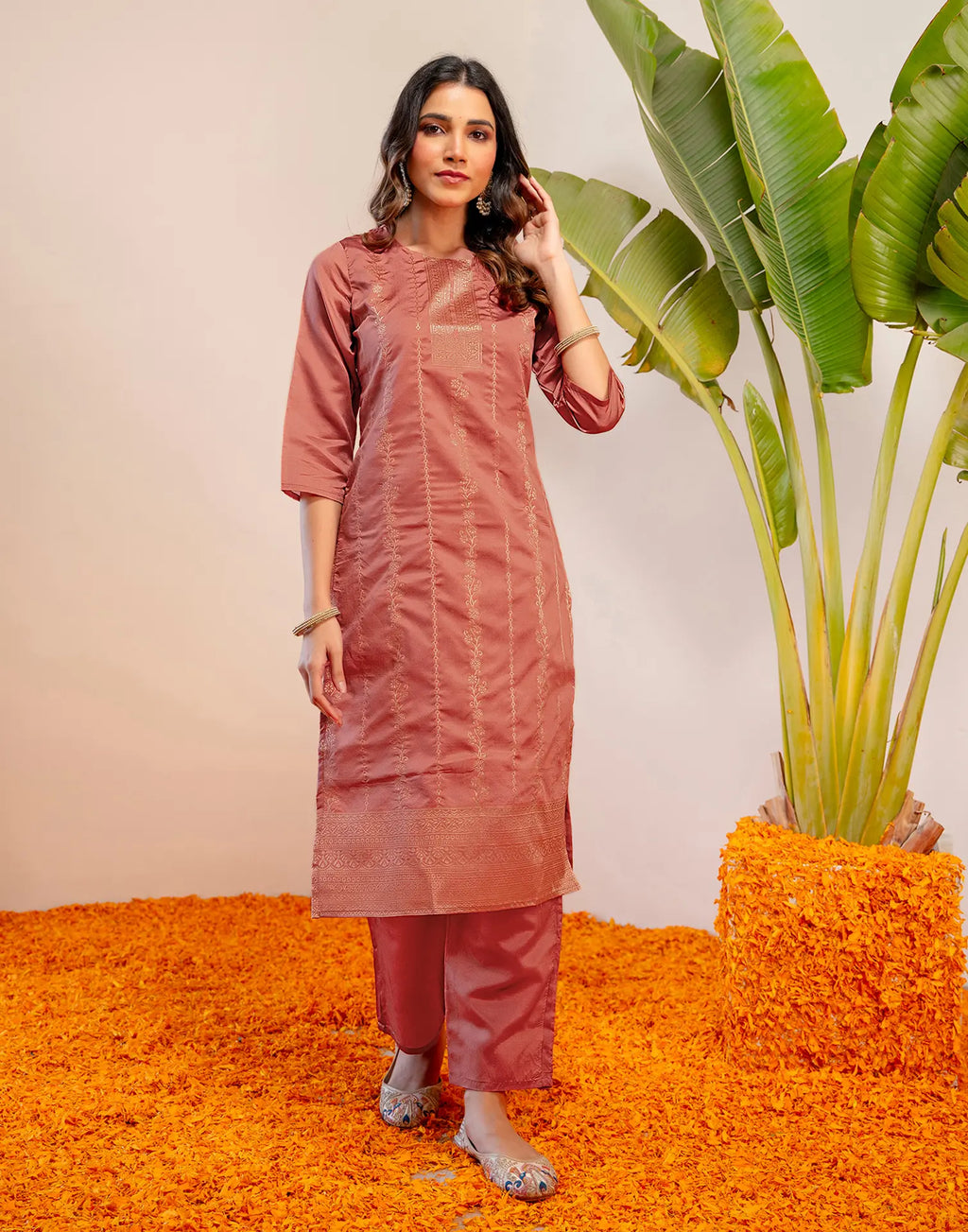 Peach Jam Round Neck Weaving Straight 3 Piece Kurta Set with Dupatta