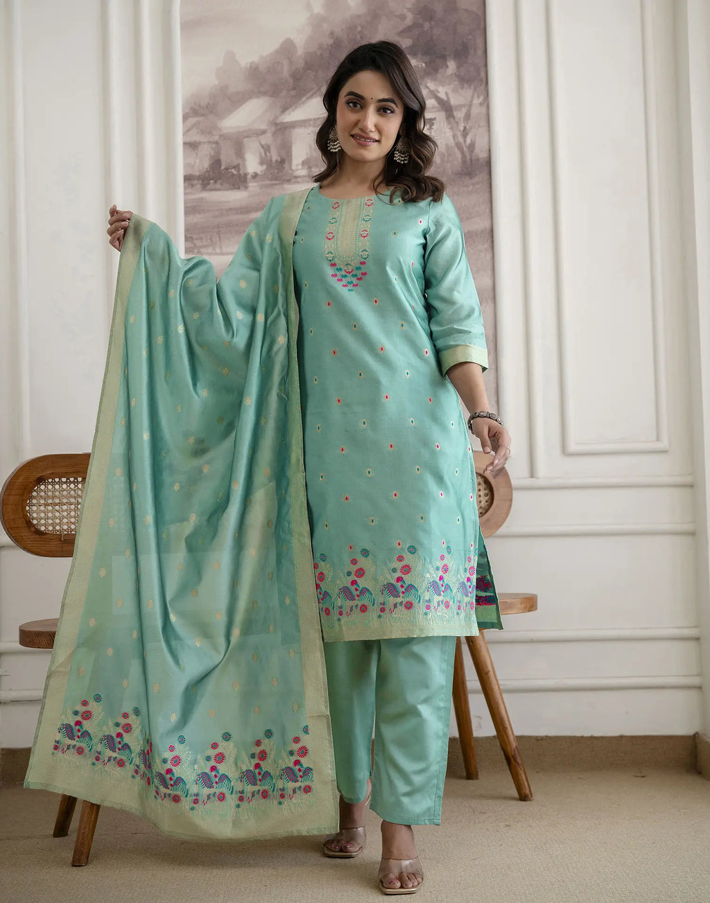 Skylee Silk Woven Straight 3 Piece Kurta Set For Woman