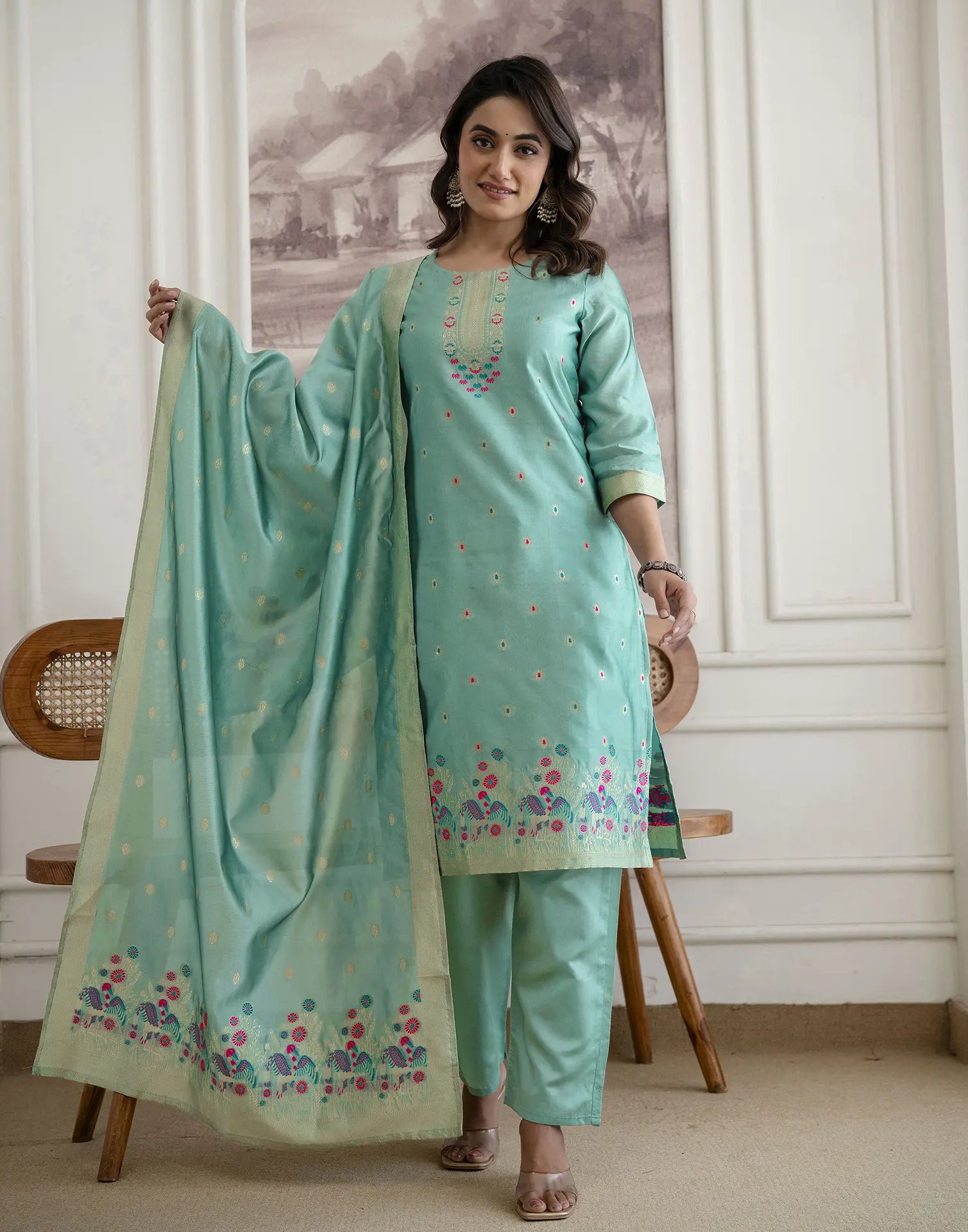 Skylee Silk Woven Straight 3 Piece Kurta Set For Woman