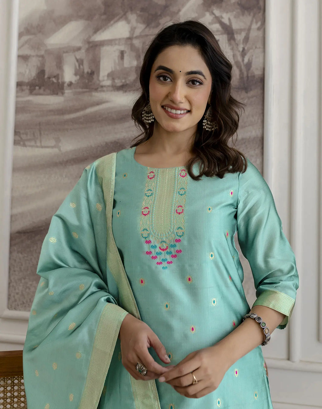 Skylee Silk Woven Straight 3 Piece Kurta Set For Woman