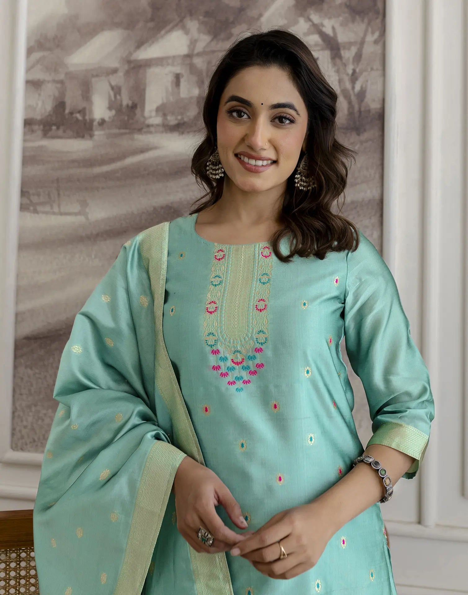 Skylee Silk Woven Straight 3 Piece Kurta Set For Woman