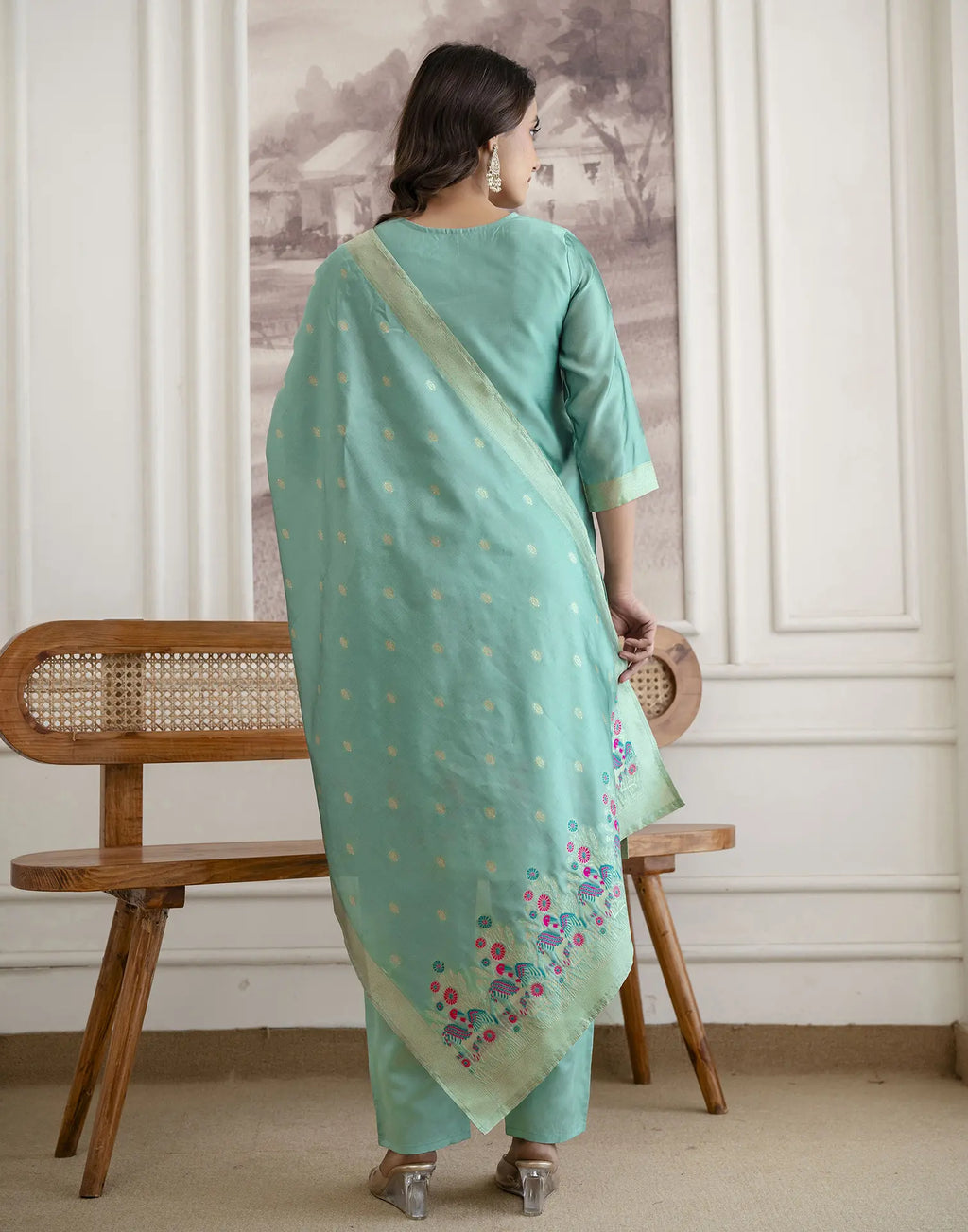 Skylee Silk Woven Straight 3 Piece Kurta Set For Woman