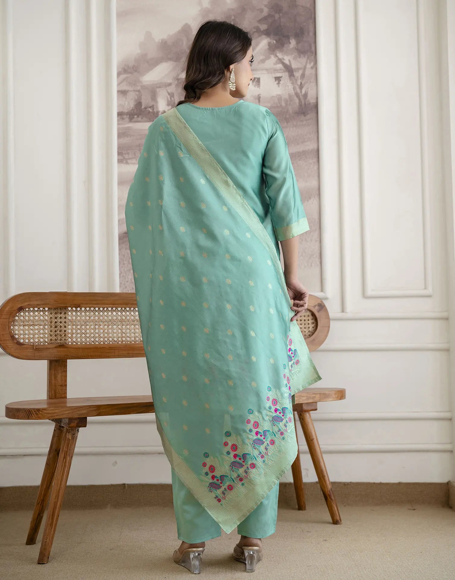 Skylee Silk Woven Straight 3 Piece Kurta Set For Woman