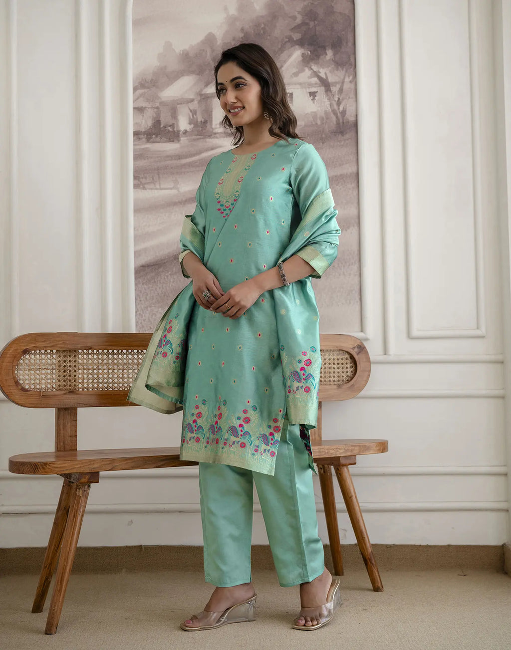 Skylee Silk Woven Straight 3 Piece Kurta Set For Woman