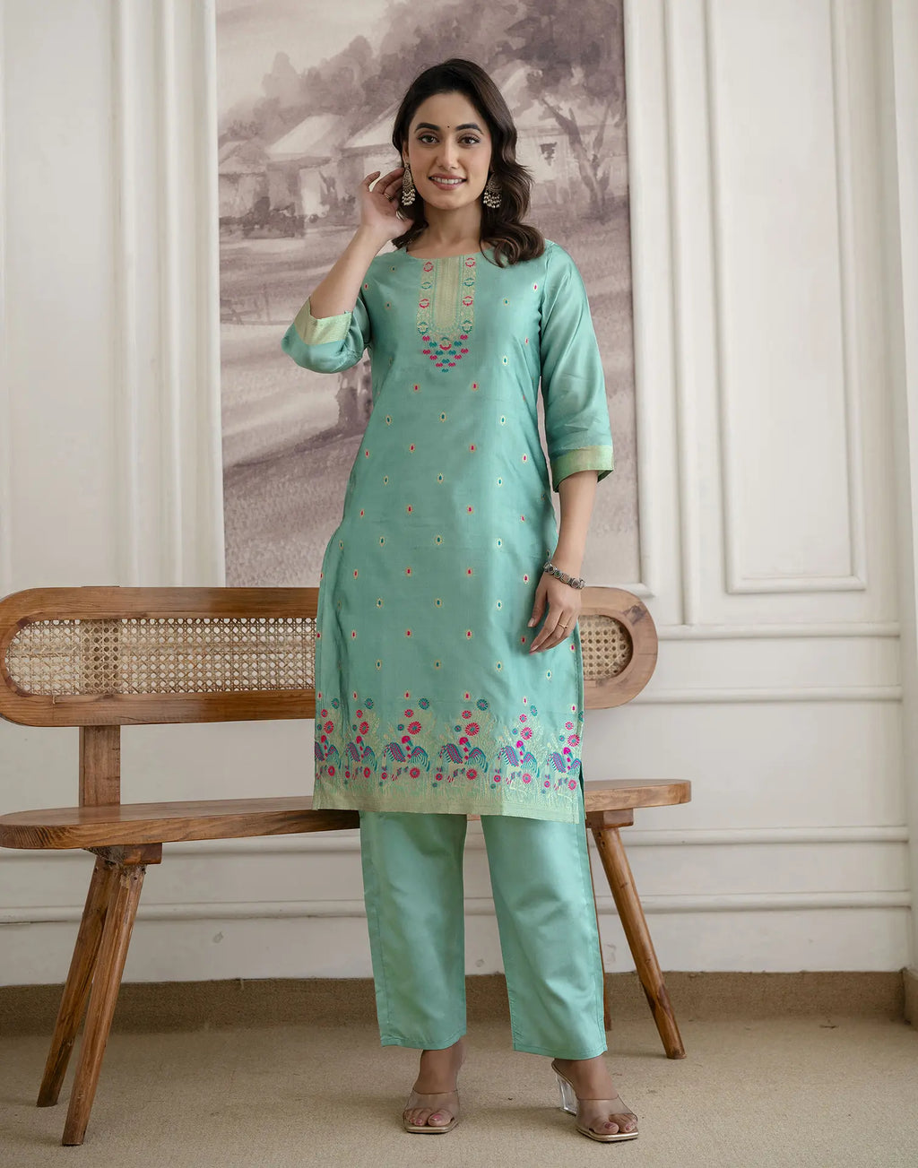 Skylee Silk Woven Straight 3 Piece Kurta Set For Woman