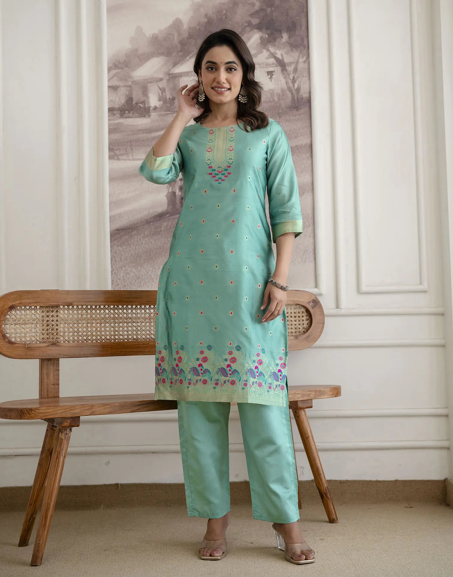 Skylee Silk Woven Straight 3 Piece Kurta Set For Woman