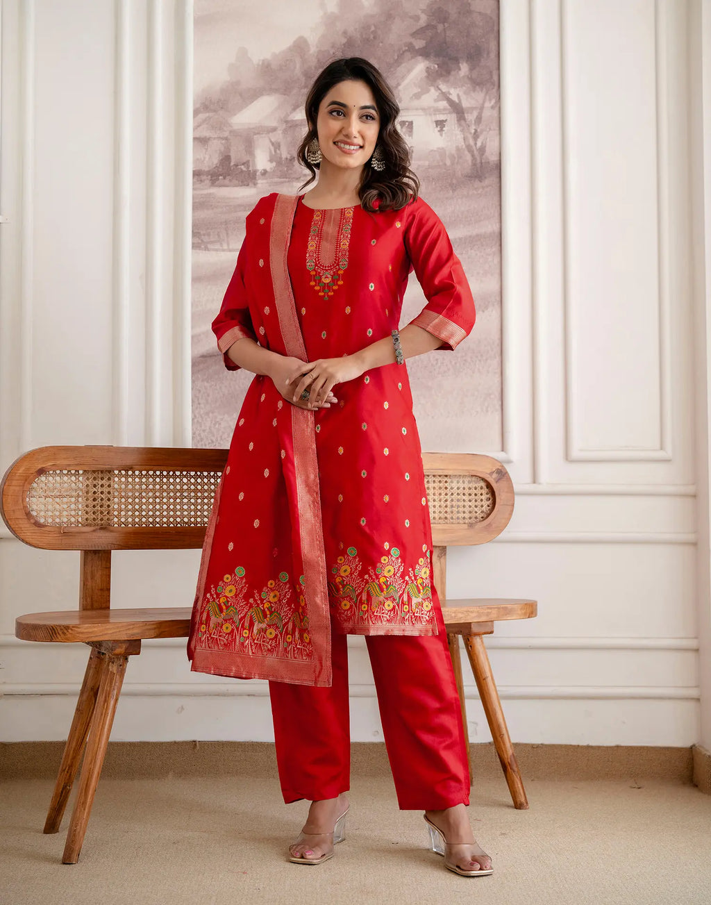 Crimson Red Round Neck Weaving Straight 3 Piece Kurta Set with Dupatta