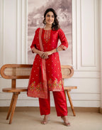Crimson Red Round Neck Weaving Straight 3 Piece Kurta Set with Dupatta