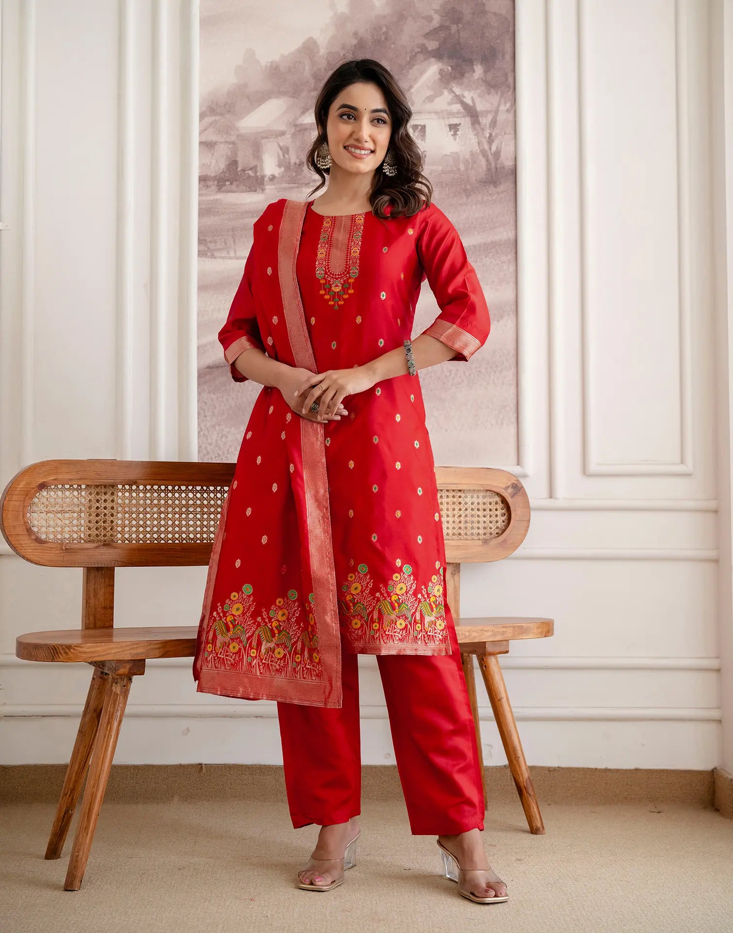 Crimson Red Round Neck Weaving Straight 3 Piece Kurta Set with Dupatta