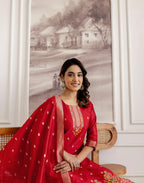 Crimson Red Round Neck Weaving Straight 3 Piece Kurta Set with Dupatta