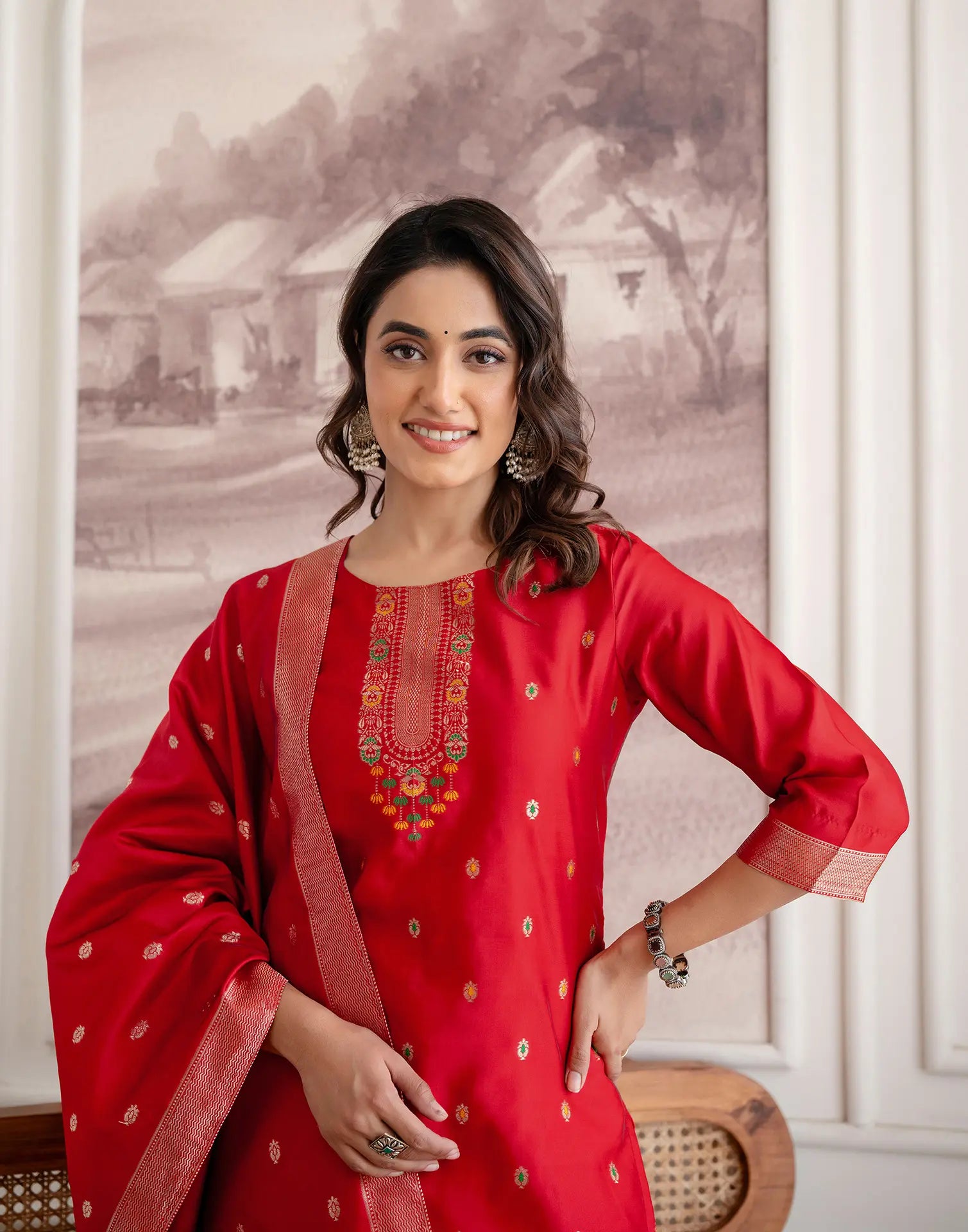 Crimson Red Round Neck Weaving Straight 3 Piece Kurta Set with Dupatta