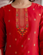 Crimson Red Round Neck Weaving Straight 3 Piece Kurta Set with Dupatta