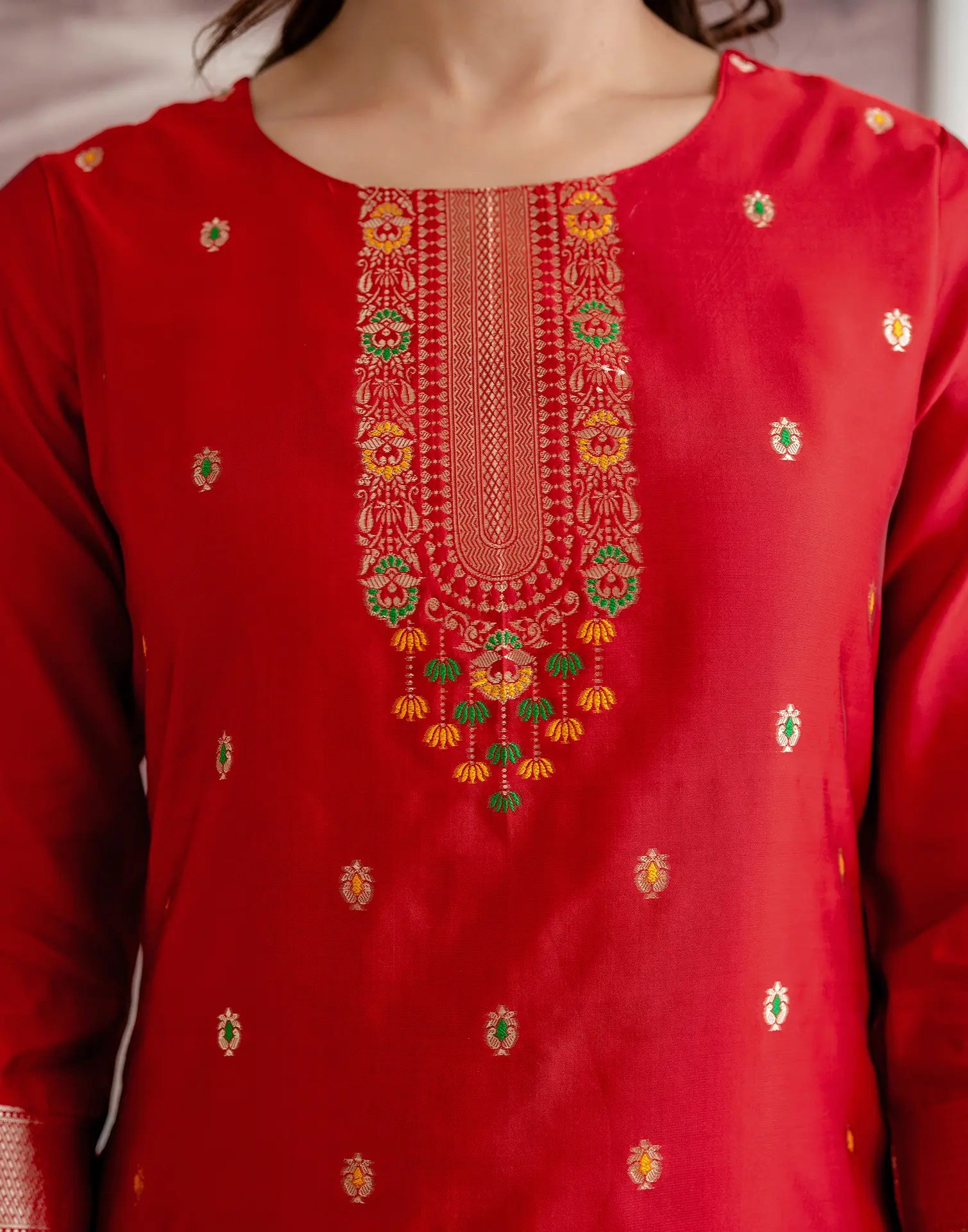 Crimson Red Round Neck Weaving Straight 3 Piece Kurta Set with Dupatta