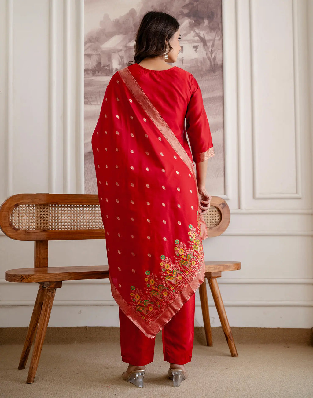 Crimson Red Round Neck Weaving Straight 3 Piece Kurta Set with Dupatta