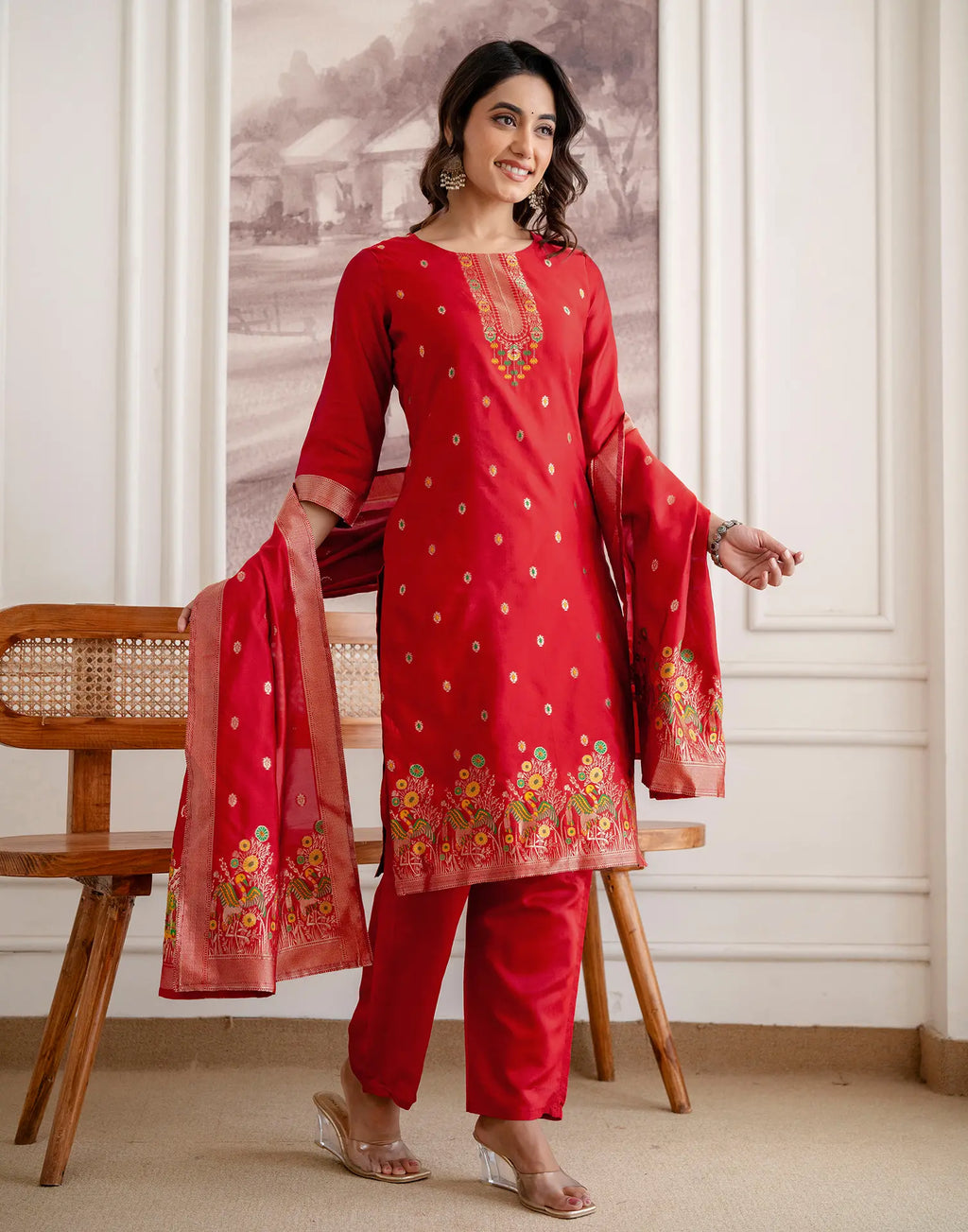 Crimson Red Round Neck Weaving Straight 3 Piece Kurta Set with Dupatta