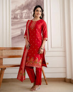 Crimson Red Round Neck Weaving Straight 3 Piece Kurta Set with Dupatta