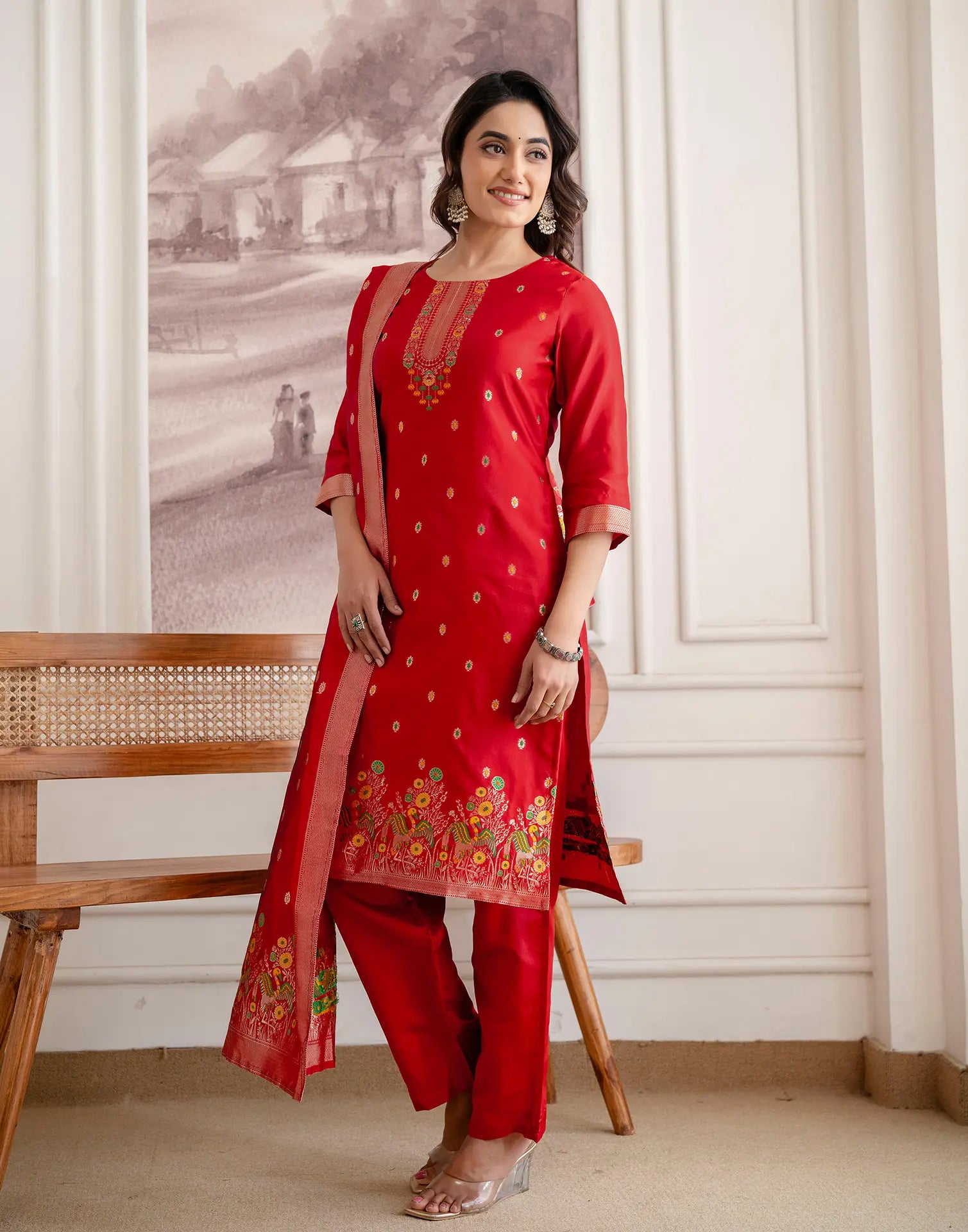 Crimson Red Round Neck Weaving Straight 3 Piece Kurta Set with Dupatta