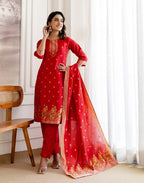 Crimson Red Round Neck Weaving Straight 3 Piece Kurta Set with Dupatta