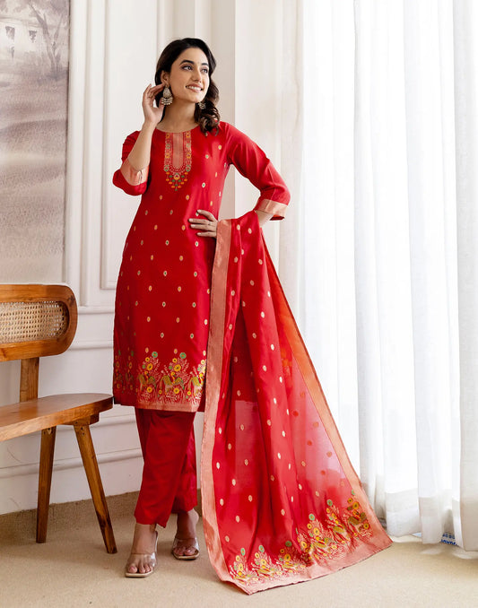 Crimson Red Round Neck Weaving Straight 3 Piece Kurta Set With Dupatta
